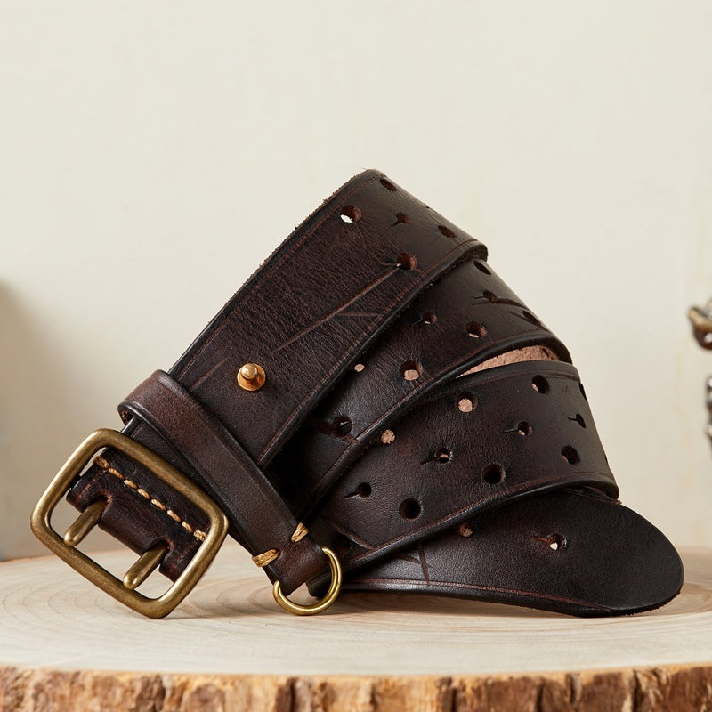 Men's Genuine Leather Pure Cowhide Retro Belt, Dual buckle