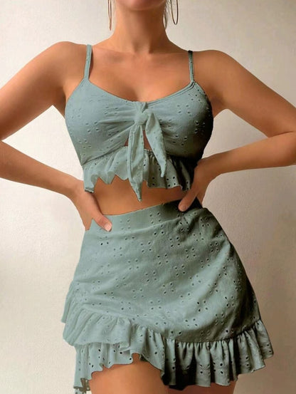 3pcs Beach Bikini With Hip-hugging Skirt Fashion Ruffle Design Swimsuit, summer set.