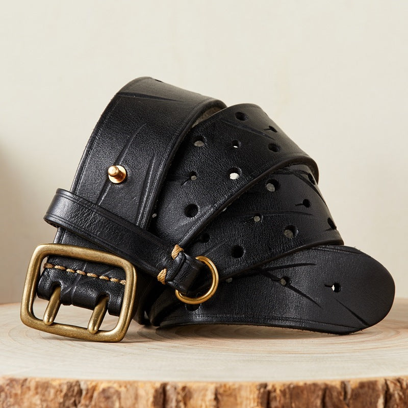 Men's Genuine Leather Pure Cowhide Retro Belt, Dual buckle