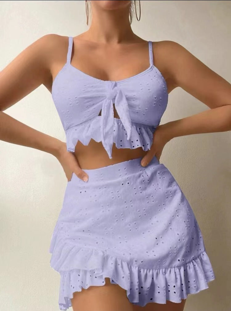 3pcs Beach Bikini With Hip-hugging Skirt Fashion Ruffle Design Swimsuit, summer set.