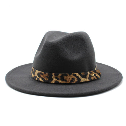 Men's Fashion Leopard Print Woollen Big Brim Top Hat