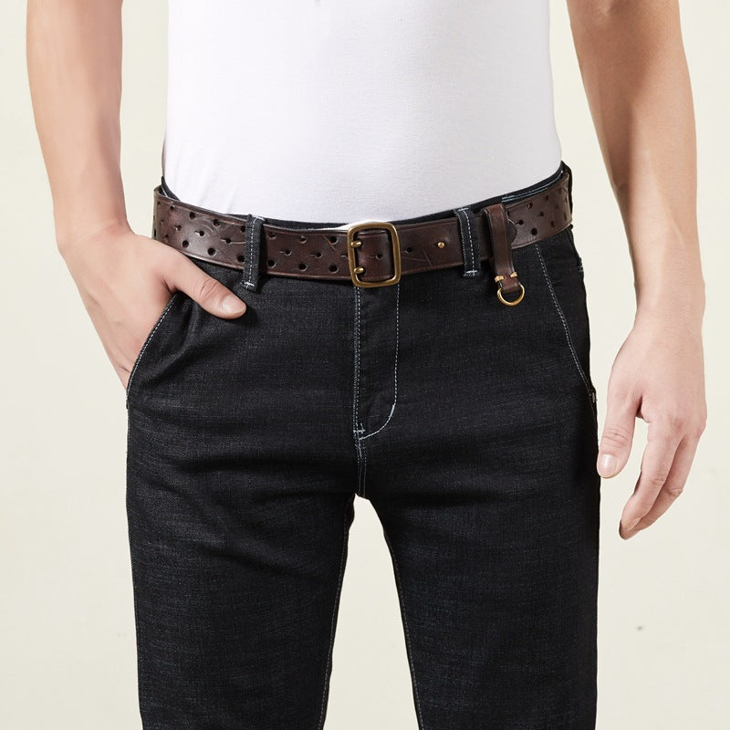 Men's Genuine Leather Pure Cowhide Retro Belt, Dual buckle