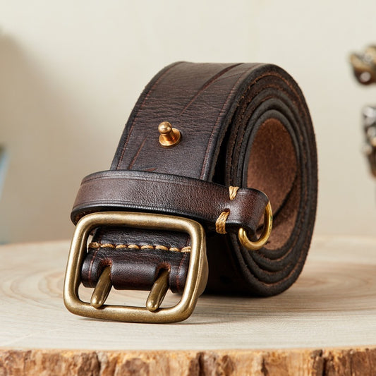 Men's Genuine Leather Pure Cowhide Retro Belt, Dual buckle