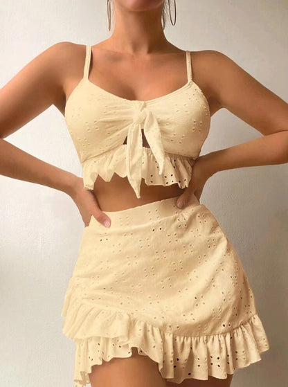 3pcs Beach Bikini With Hip-hugging Skirt Fashion Ruffle Design Swimsuit, summer set.