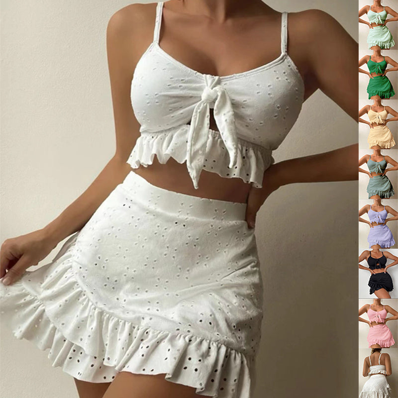 3pcs Beach Bikini With Hip-hugging Skirt Fashion Ruffle Design Swimsuit, summer set.