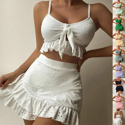3pcs Beach Bikini With Hip-hugging Skirt Fashion Ruffle Design Swimsuit, summer set.