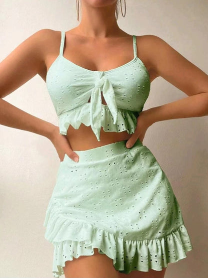 3pcs Beach Bikini With Hip-hugging Skirt Fashion Ruffle Design Swimsuit, summer set.