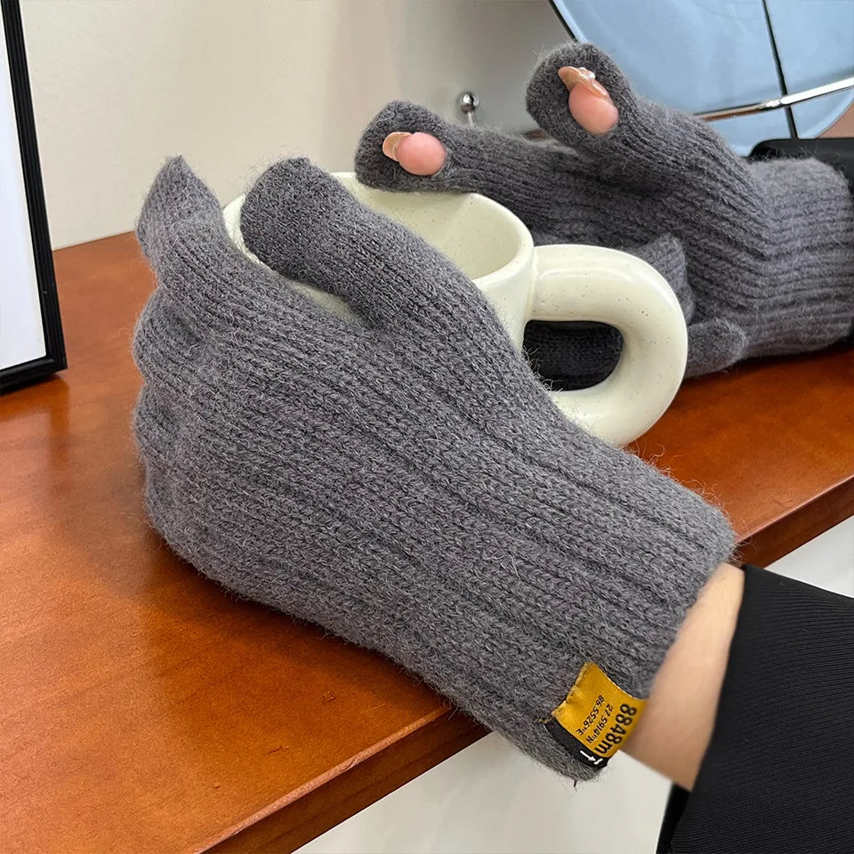Men Knitted Thick Thermal Full Finger Gloves , Touchscreen Mittens