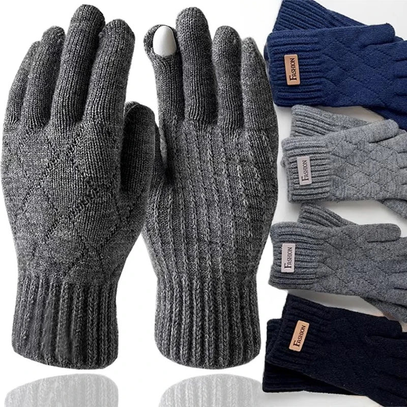 Men Knitted Thick Thermal Full Finger Gloves , Touchscreen Mittens