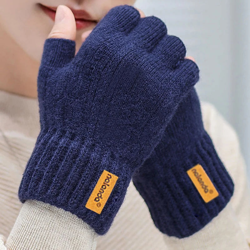 Winter Autumn Knitted gloves Warm Plush Fingerless gloves for men