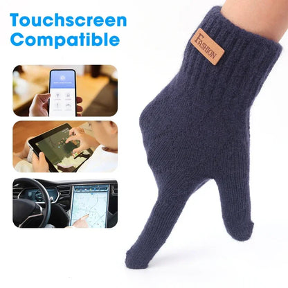 Men Knitted Thick Thermal Full Finger Gloves , Touchscreen Mittens