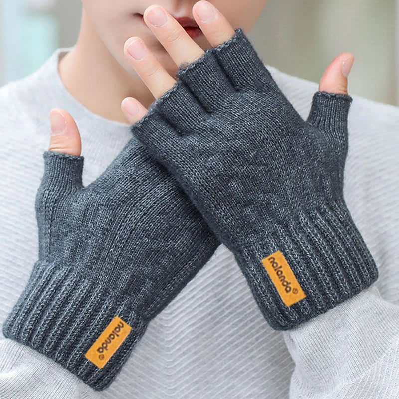 Winter Autumn Knitted gloves Warm Plush Fingerless gloves for men