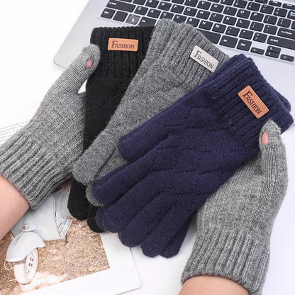 Men Knitted Thick Thermal Full Finger Gloves , Touchscreen Mittens