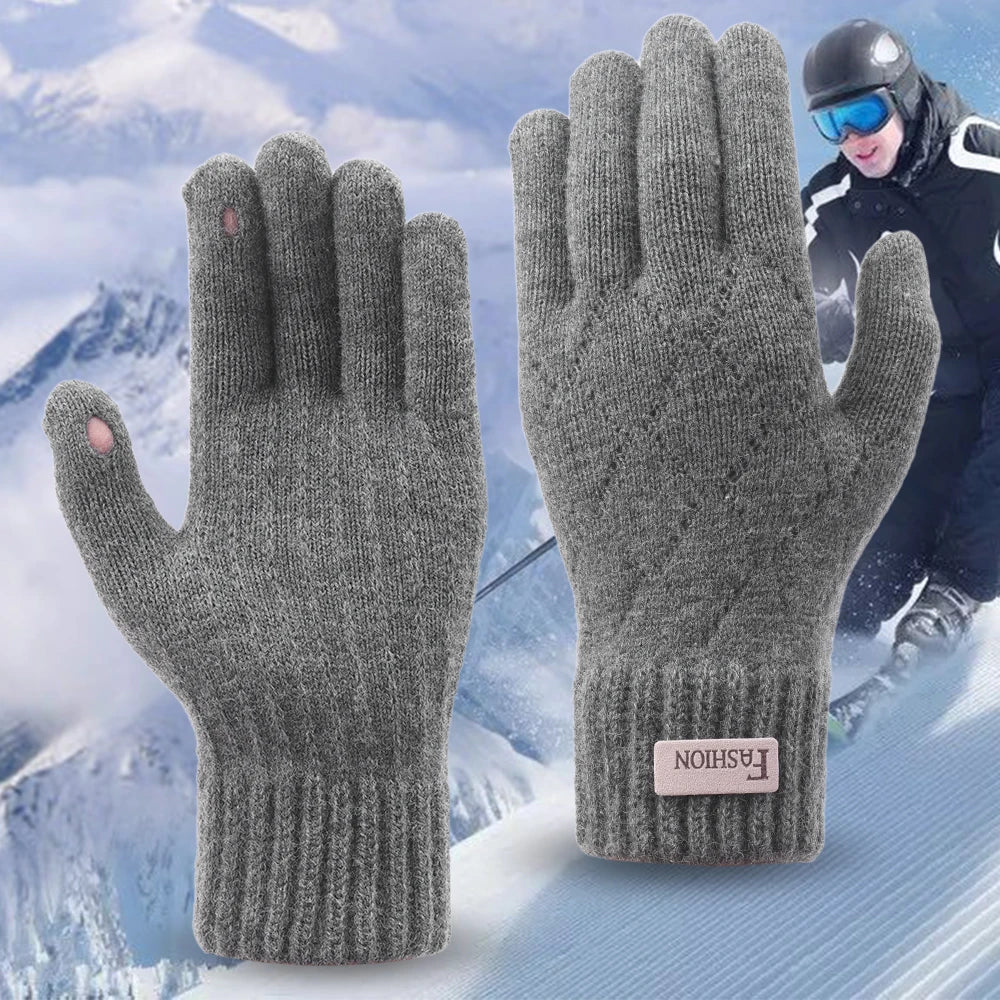 Men Knitted Thick Thermal Full Finger Gloves , Touchscreen Mittens