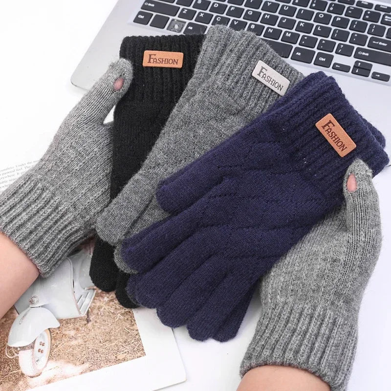Men Knitted Thick Thermal Full Finger Gloves , Touchscreen Mittens