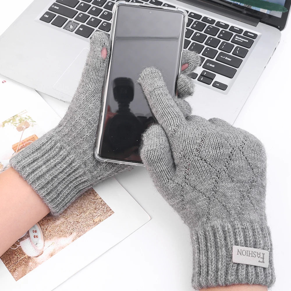 Men Knitted Thick Thermal Full Finger Gloves , Touchscreen Mittens