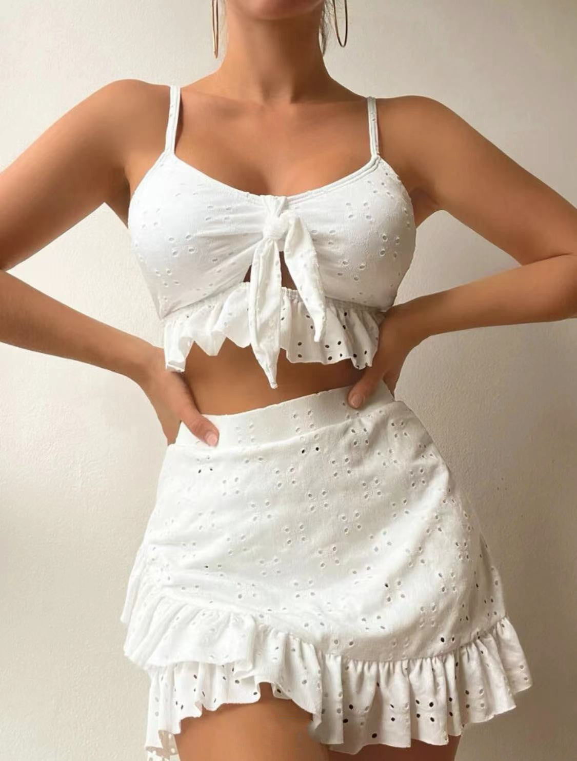 3pcs Beach Bikini With Hip-hugging Skirt Fashion Ruffle Design Swimsuit, summer set.