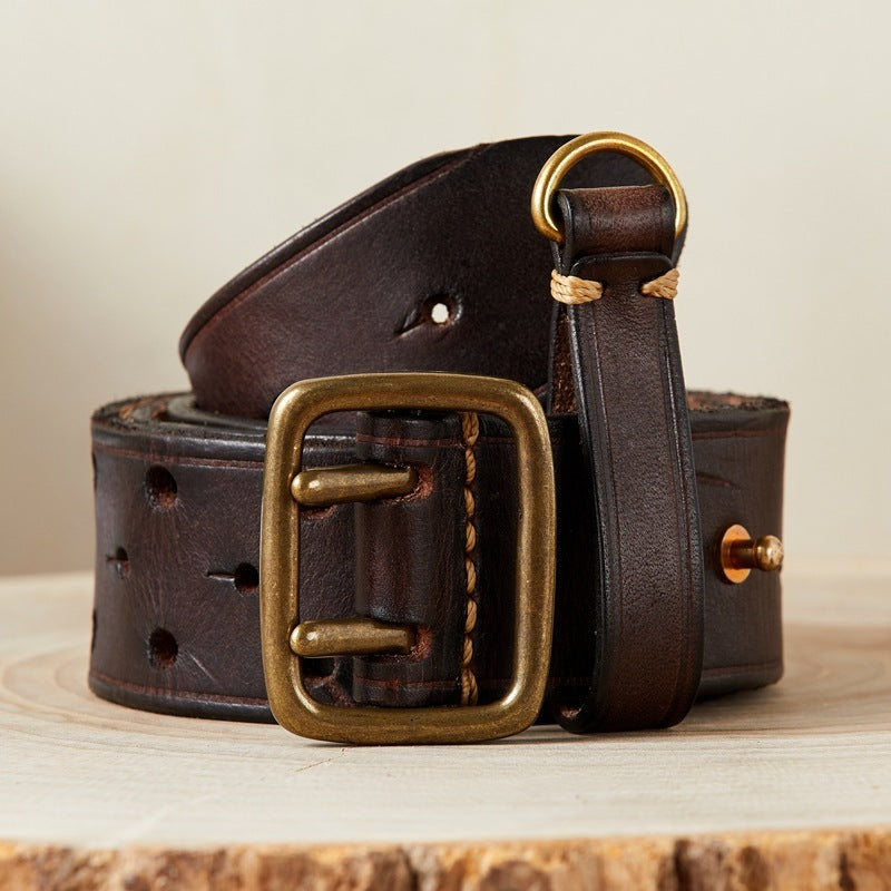 Men's Genuine Leather Pure Cowhide Retro Belt, Dual buckle