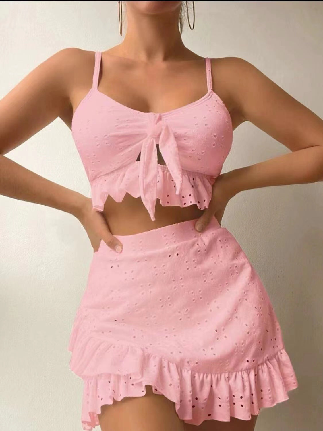 3pcs Beach Bikini With Hip-hugging Skirt Fashion Ruffle Design Swimsuit, summer set.
