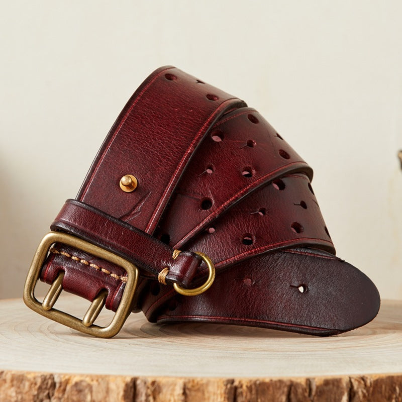 Men's Genuine Leather Pure Cowhide Retro Belt, Dual buckle