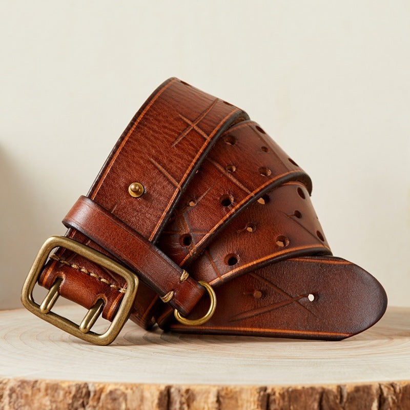 Men's Genuine Leather Pure Cowhide Retro Belt, Dual buckle
