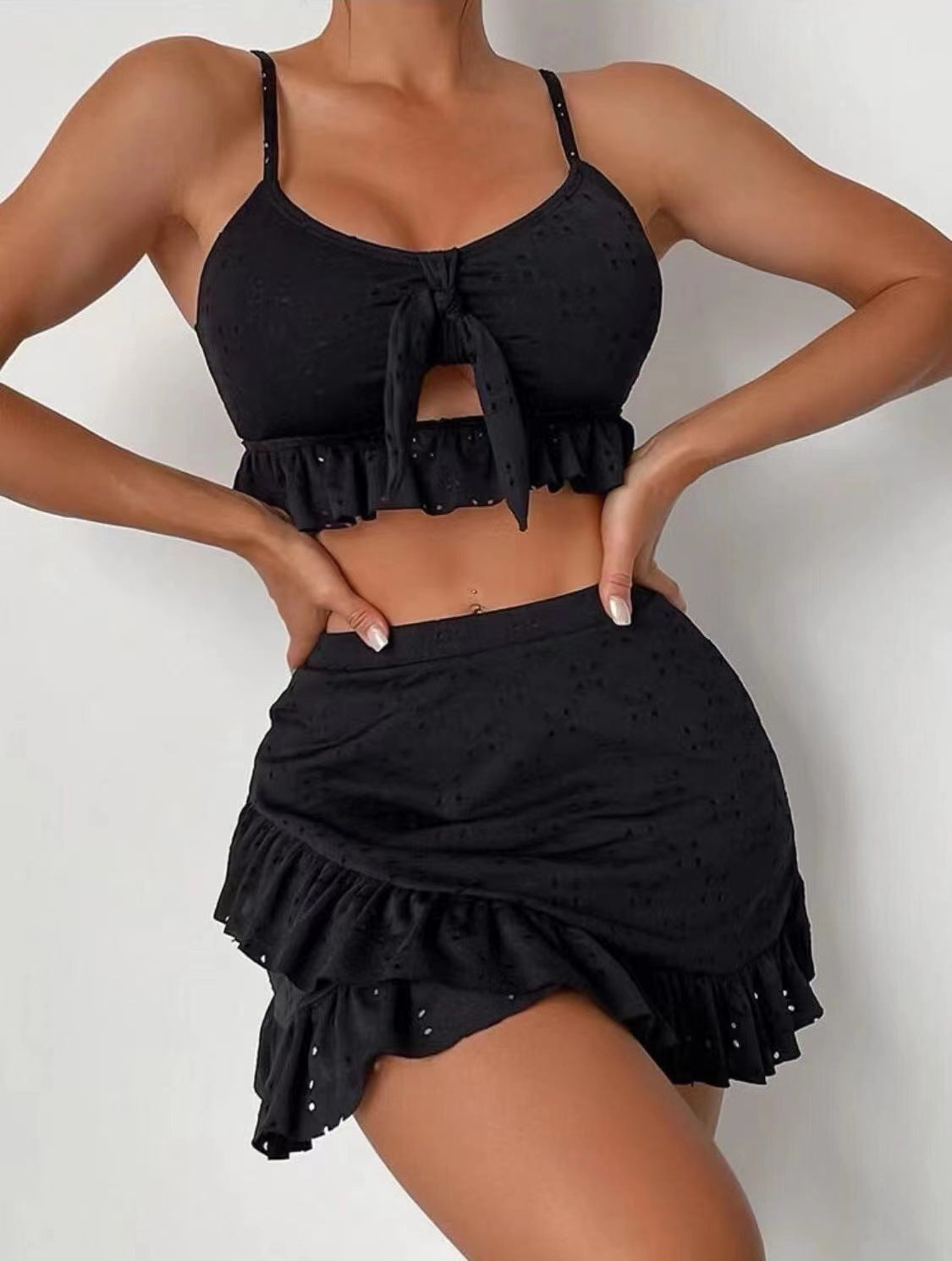 3pcs Beach Bikini With Hip-hugging Skirt Fashion Ruffle Design Swimsuit, summer set.